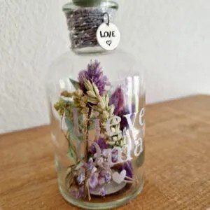 Droogbloemenfles-paars-met-groen-met-muntje-zilver